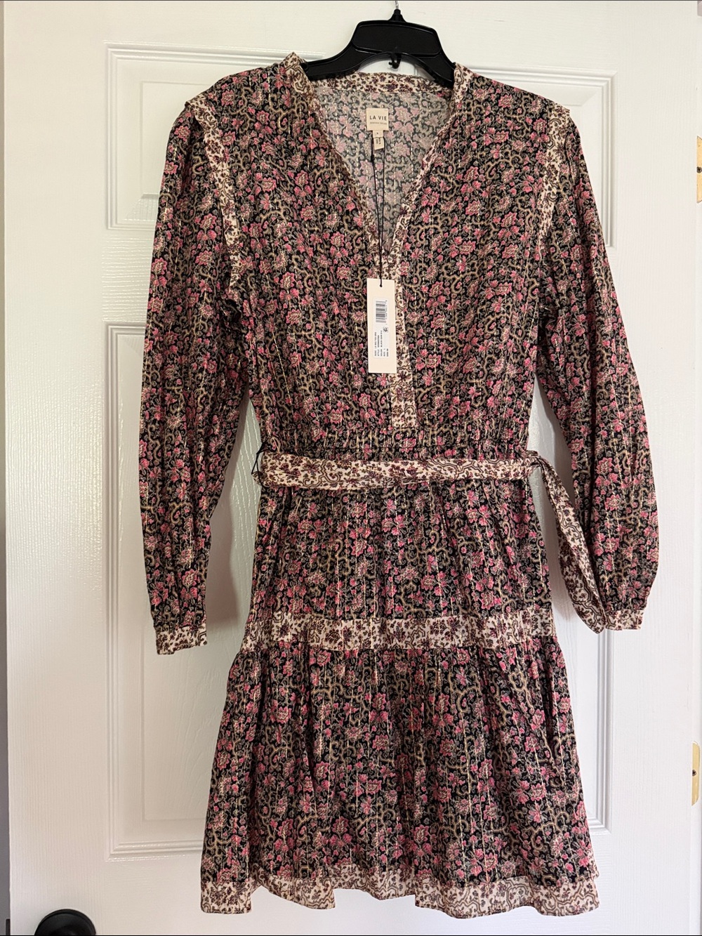 Rebecca Taylor La Vie Pink and Black Floral Long-Sleeve Tiered Dress NWT L